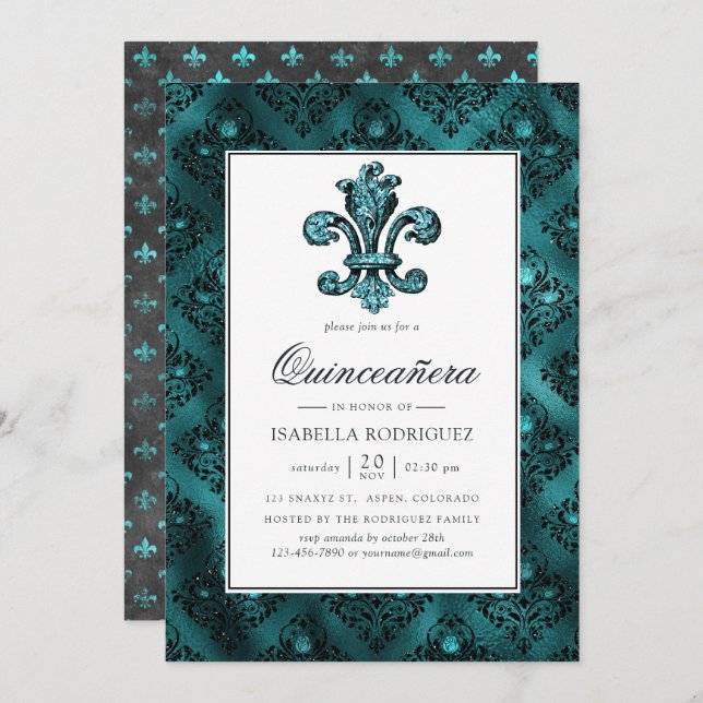 Convites Vintage Teal - Turquoise Fleur de Lis Quinceañera (Frente/Verso)
