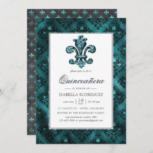Convites Vintage Teal - Turquoise Fleur de Lis Quinceañera