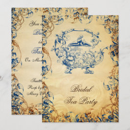 Convites Vintage Teapot marinho Blue Bridal Rustic Chá Invi