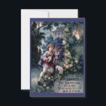 Convites Vintage Toy Emporium Ad<br><div class="desc">Um anúncio antigo para o Emporium de Brinquedos Schwartz em Boston. A imagem contém um belo trabalho de arte de um doce rapaz tocando um instrumento de mandolin enquanto uma jovem tímida, mas admiradora, escuta por trás das cortinas. Lindas árvores e folhagem com uma charmosa propriedade no fundo. Tema clássico...</div>