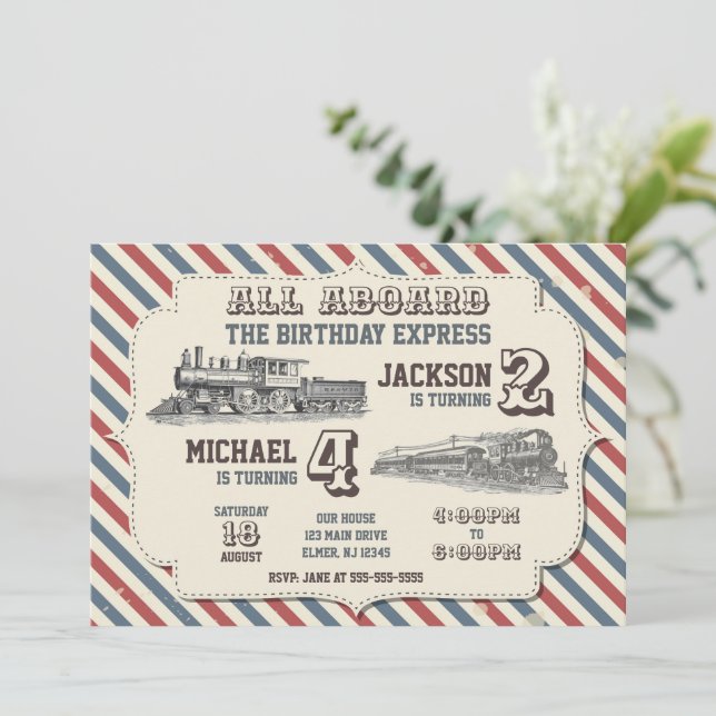 Convites Vintage Train Joint Birthday (Em pé/Frente)