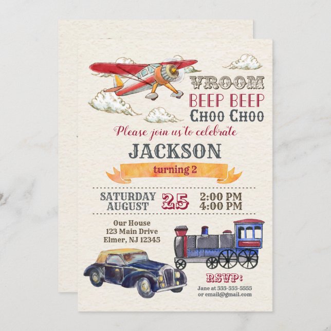 Convites Vintage Transportation Birthday Invitation / Boy (Frente/Verso)