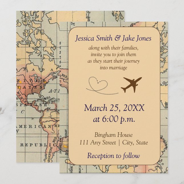 Convites Vintage, Travel Themed Wedding Invite (Frente/Verso)
