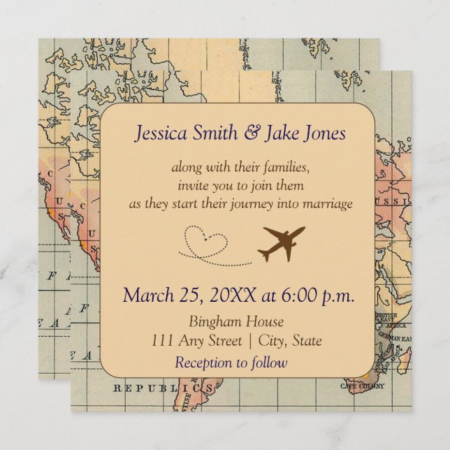 Convites Vintage, Travel Themed Wedding Invite (Frente/Verso)