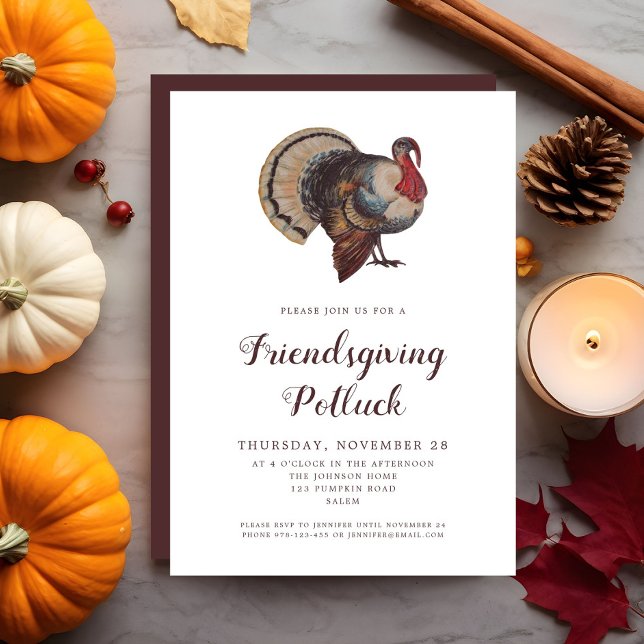 Convites Vintage Turkey Friendship Potluck (Vintage Turkey Friendsgiving Potluck Invitation)