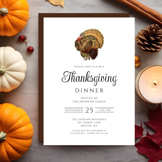 Convites Vintage Turquia Janta de Ação de Graças (Elegant Turkey Thanksgiving Dinner Invitation)