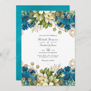 Convites Vintage Turquoise e Chic Floral Wedding Dourado In