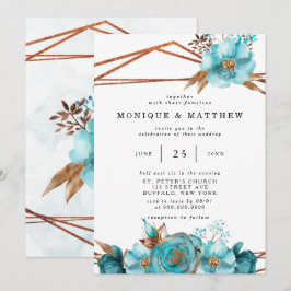 Convites Vintage Turquoise e Dourada Peony Geométrico Invit