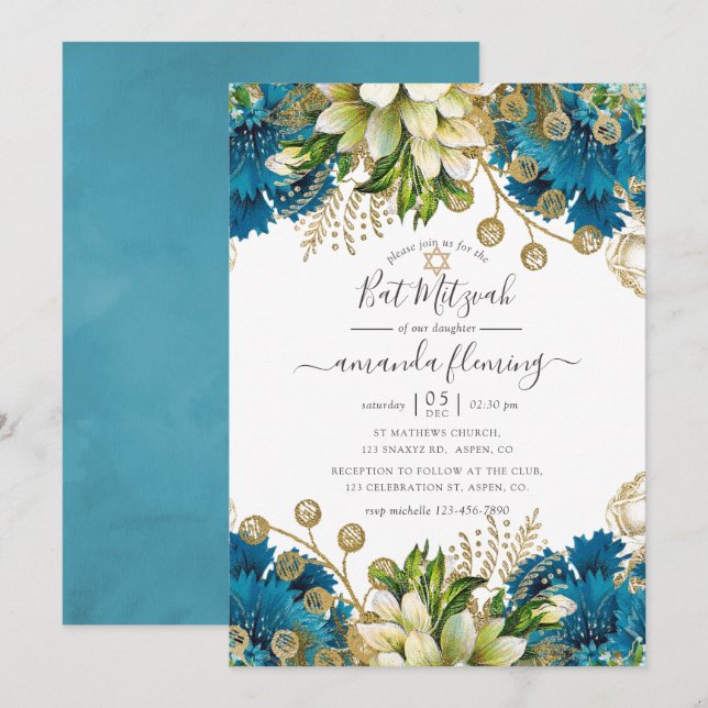 Convites Vintage Turquoise e Dourada Shabby Bat Mitzvah (Frente/Verso)