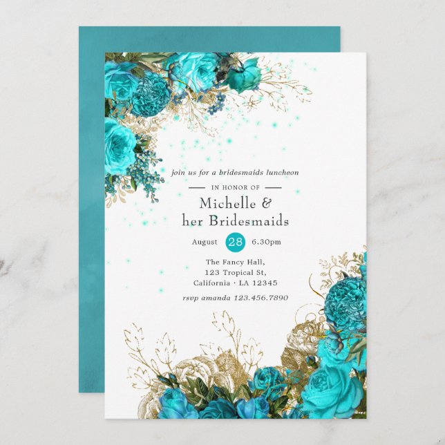 Convites Vintage Turquoise e Douradas Bridesmaids Luncheon (Frente/Verso)