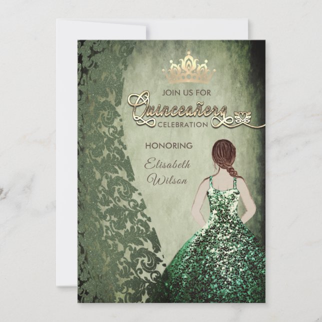 Convites Vintage verde damask tiara Quinceañera (Frente)