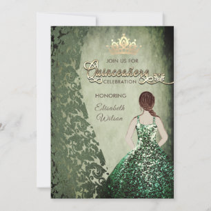 Convites Vintage verde damask tiara Quinceañera