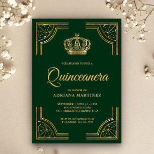 Convites Vintage Verde Dourado Ornado Coroa Quinceanera