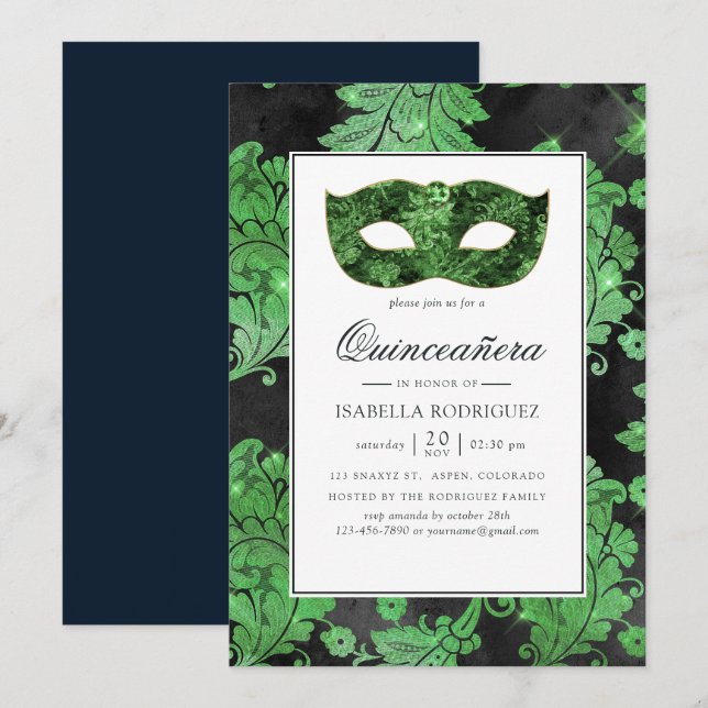 Convites Vintage Verde e Preto Mascarada Quinceañera (Frente/Verso)