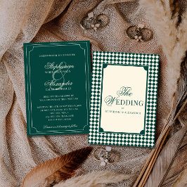 Convites Vintage Verde Esmeralda Xadrez Casamento Old Money