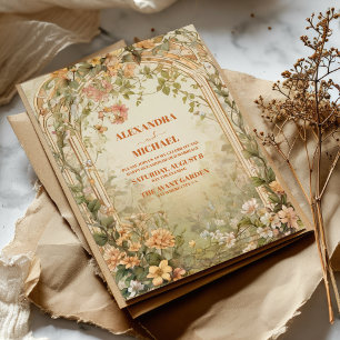 Convites Vintage Verde Oliva Floral Art Nouveau Casamento
