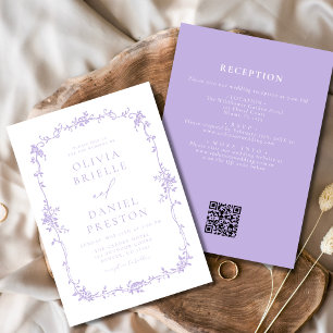 Convites Vintage Victorian Código QR Casamento Roxo Lilac