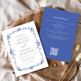 Convites Vintage Vintage Código QR Azul Casamento Floral