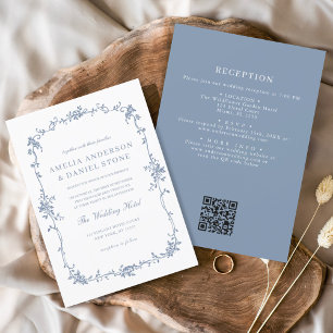 Convites Vintage Vintage Código QR Azul Casamento Floral
