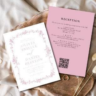 Convites Vintage Vintage Código QR Casamento Floral Cor-de-