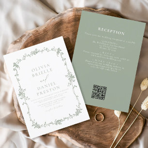Convites Vintage Vintage Código QR Sage Casamento Verde