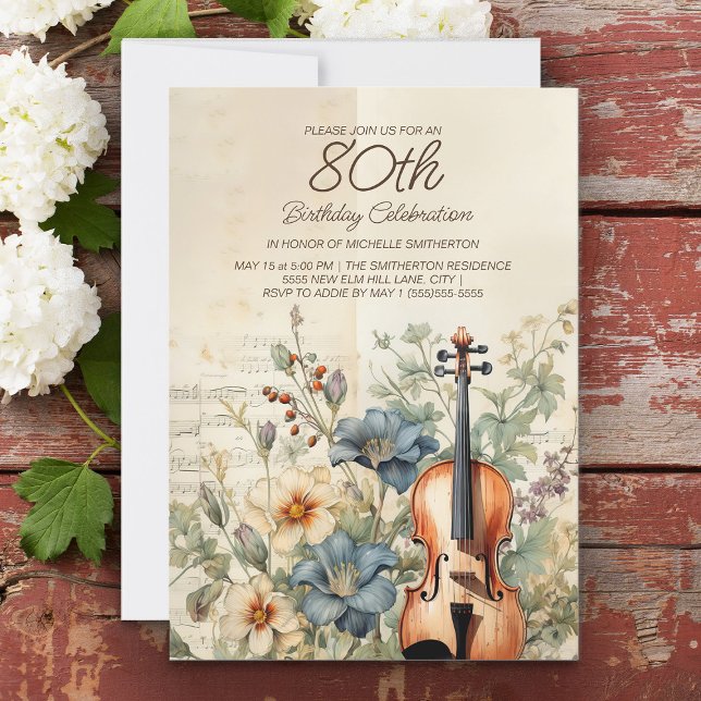 Convites Vintage Violin Dusty Blue Flowday (Women's 80th birthday party invitation with a beautiful violin sitting among dusty blue flowers)