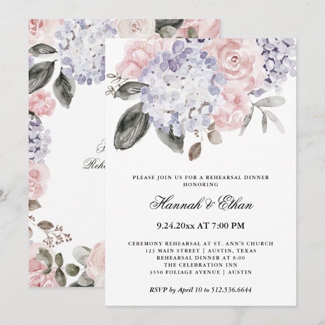 Convites Vintage Watercolor Hydrangeas | Janto de ensaio (Frente/Verso)