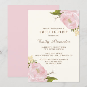 Convites Vintage Watercolor Pink Peonies Doce Dezesseis