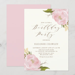Convites Vintage Watercolor Pink Peonies Festa de aniversár