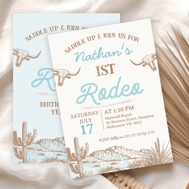Convites Vintage Western Cowboy Primeiro primeiro aniversar (Boys Rustic 1st Rodeo Birthday Invitation, First Rodeo Birthday Invitation Boy, Blue Brown Desert)
