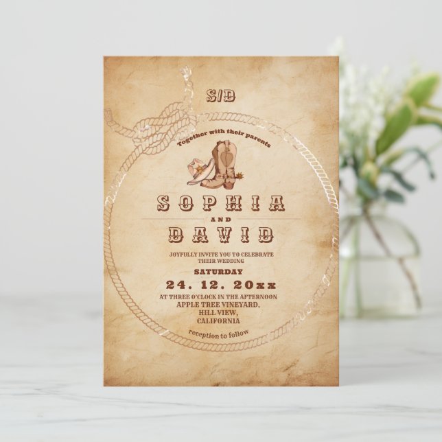Convites Vintage Western Cowboy Wedding (Em pé/Frente)