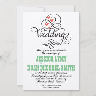Convites Vintage Whimsical Hearts Green Coral Invitation