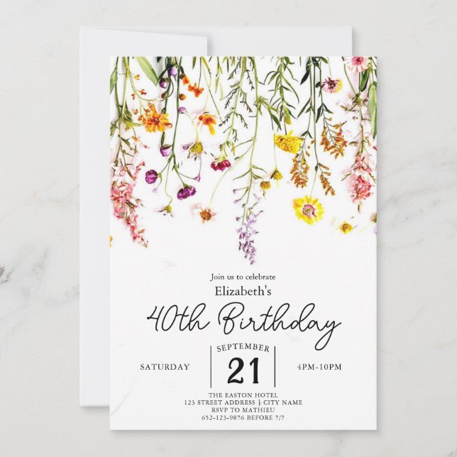 Convites Vintage Whimsical Wildflower aniversário de 40 ano (Frente)