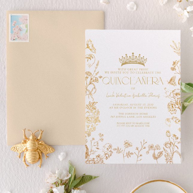 Convites Vintage White Dourada Tiara Floral Quinceañera (Criador carregado)