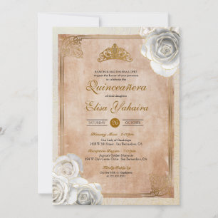 Convites Vintage White e Rosas Dourados Royal Quinceanera
