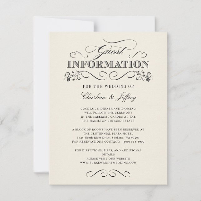 Convites Vintage White Elegant Wedding Information WT313 (Frente)