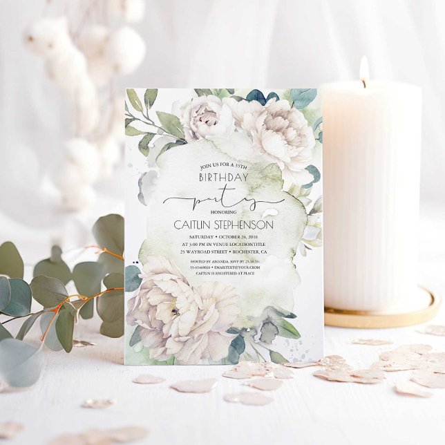 Convites Vintage White Flowers e Greenery Aniversário (White Flowers and Greenery Birthday Invitations)