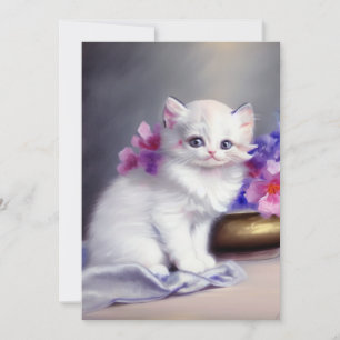 Convites Vintage White Kitten com Flores Rosa e Púrpura