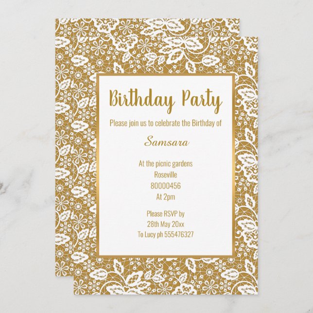 CONVITES VINTAGE WHITE LACE DOURADO TODA OCASIÃO ANIVERSÁRI (Frente/Verso)