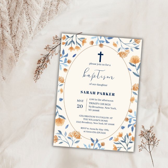 Convites Vintage Wildflower Boho Frame Cross Baptism (Vintage Wildflower Boho Frame Cross Baptism Invitation)