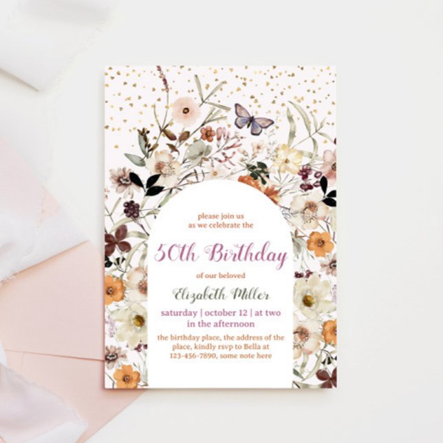 Convites Vintage Wildflower Botânico 50º Aniversário (Criador carregado)