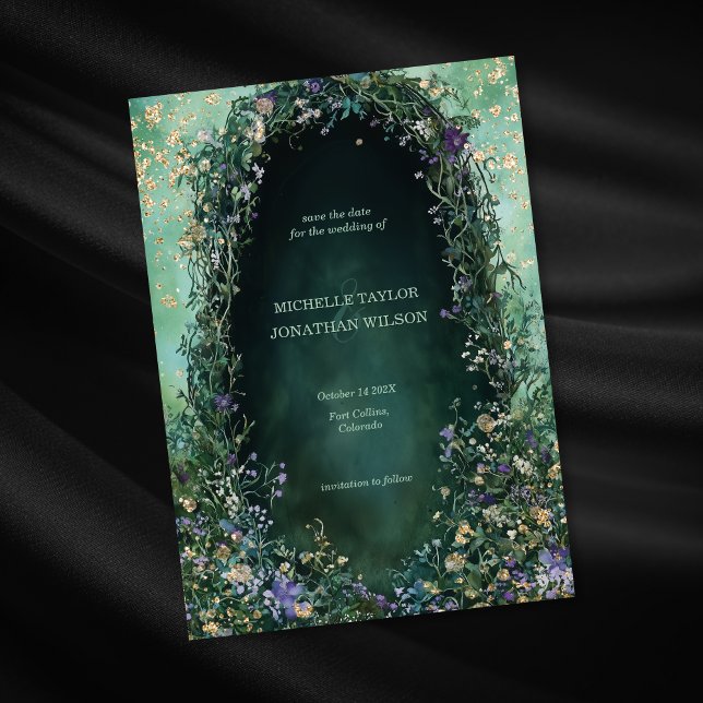 Convites Vintage Wildflower Encantada Floresta Salva Data (emerald green enchanted forest with purple flowers wedding invitation)
