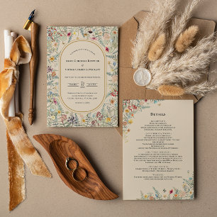 Convites Vintage Wildflower Fern Beige Detalhes do Casament