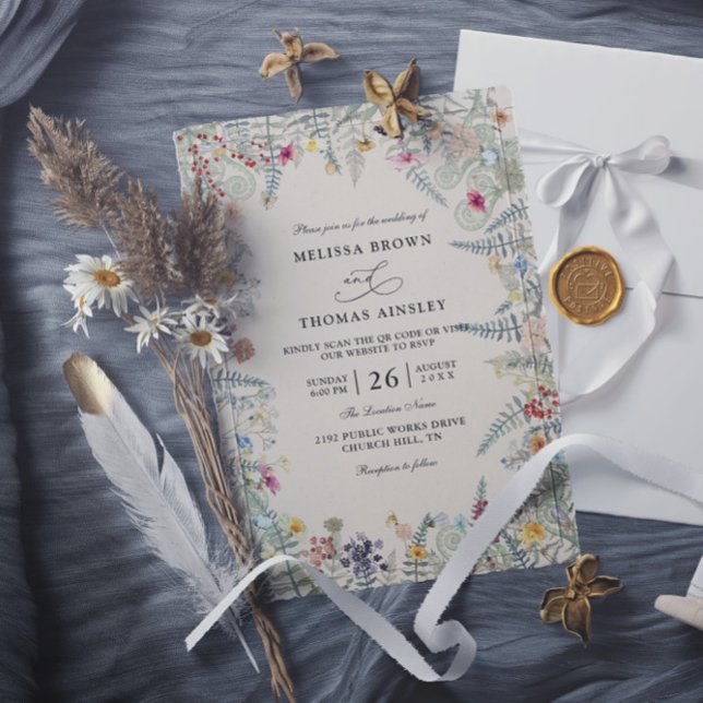 Convites Vintage Wildflowers Fern Budget QR Code Wedding (Criador carregado)