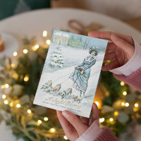 Vintage Winter Wonderland Lady Walking Pigs