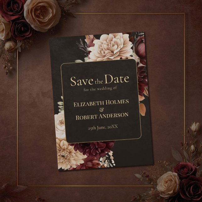 Convites Vintage Witchy Floral Save the Date (Vintage Witchy Floral Save the Date Invitation on a brown vintage wedding table with flowers.)