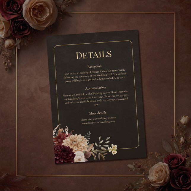 Convites Vintage Witchy Floral Wedding Details Card (Vintage Witchy Floral Wedding Details Card on a brown vintage wedding table with flowers)