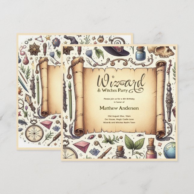 Convites Vintage Wizard Witts Party Magical Wands Hats (Frente/Verso)