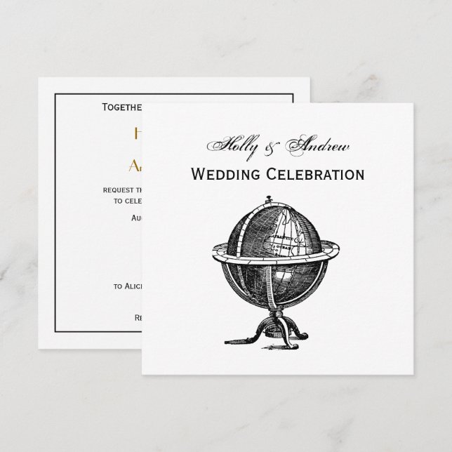 Convites Vintage World Globe Lithógrafo Desenhando BW (Frente/Verso)