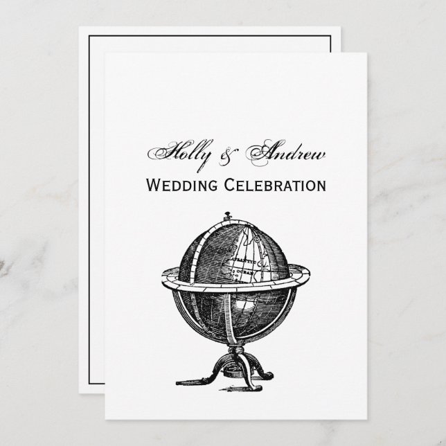Convites Vintage World Globe Lithógrafo Desenhando BW (Frente/Verso)
